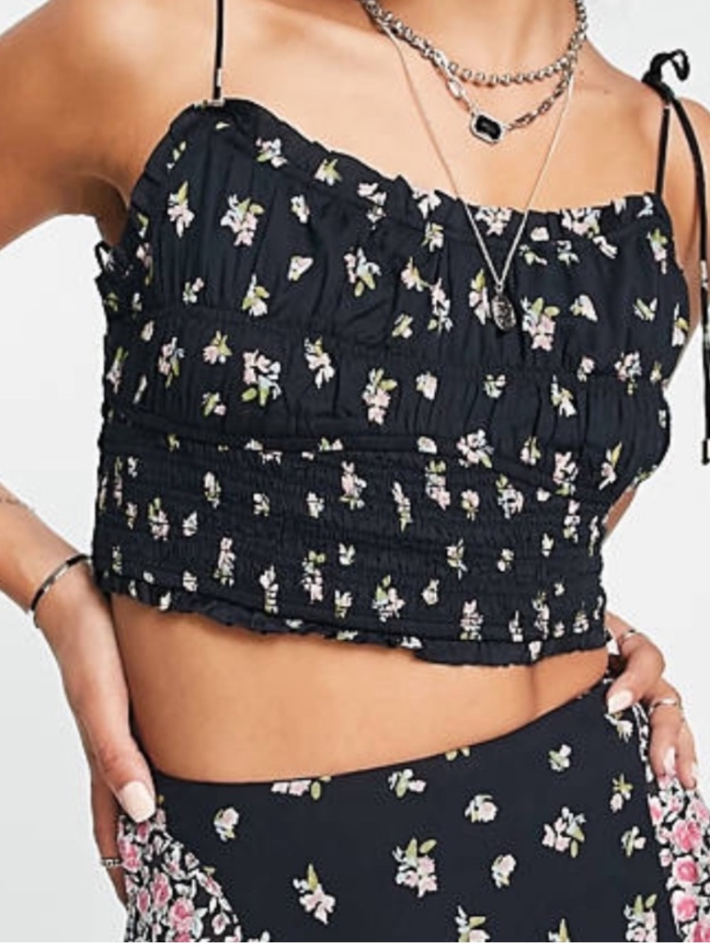 Free People Kaia Smocked Cropped Tank Black Floral Small